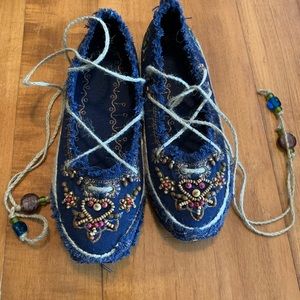 Embroidered/beaded denim flats with ankle ties